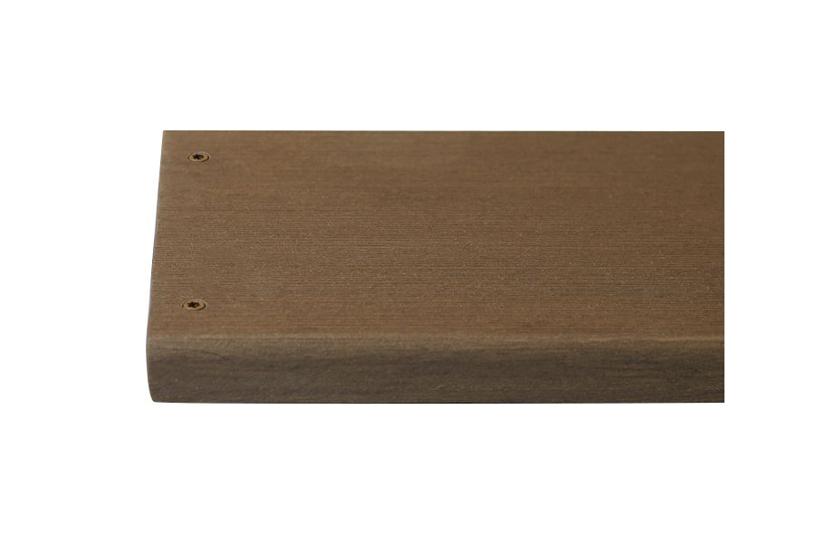 Mocha composite decking board with two Mocha colour match screw fixed to the far left face of the board.
