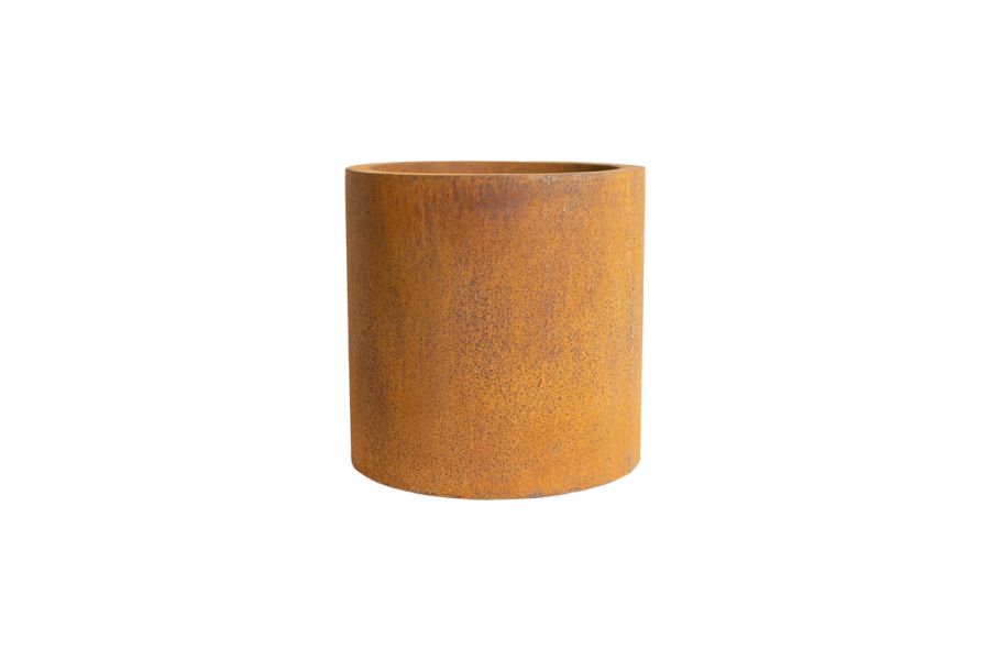 Corten Steel 400x400mm cylinder-shaped planter, with straight sides, against white background. Next-day delivery available.