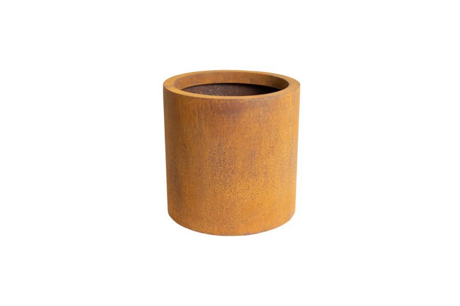 Round Corten Steel metal planter, showing turned lip at top, and weathered orange-brown colouring. Next-day delivery available.