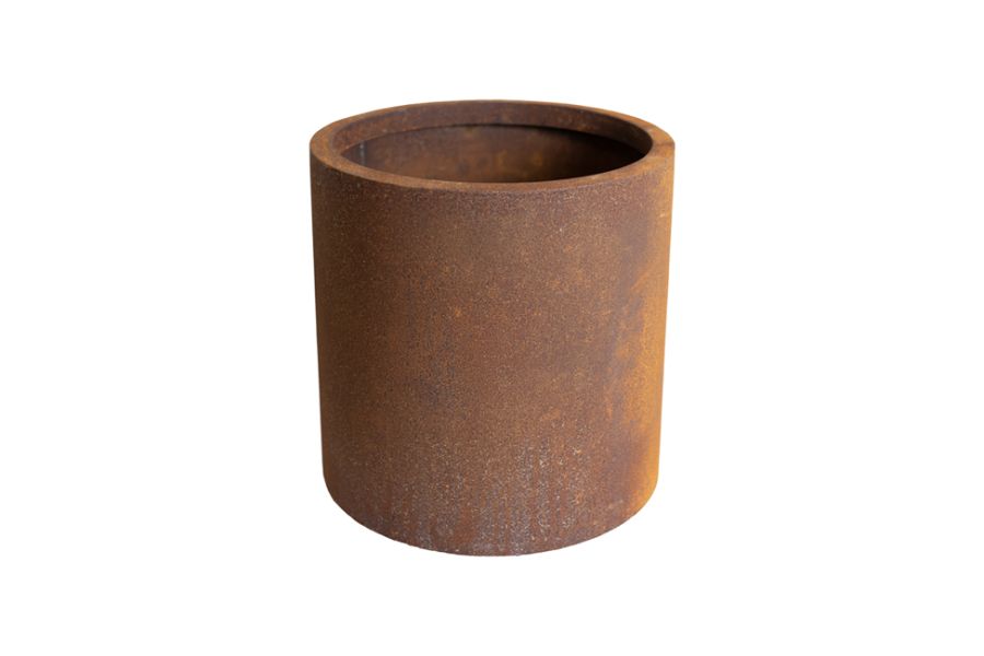 Orange-brown weathered Corten Steel cylinder-shaped metal planter with straight sides and turned lip at top. Nationwide delivery.
