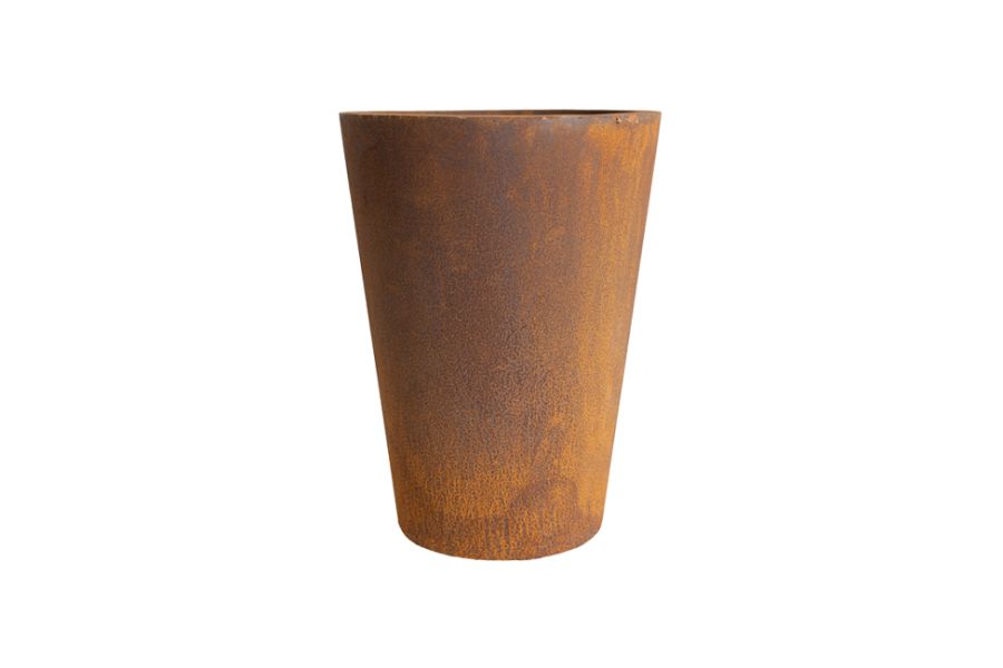 Tapered Corten Steel planter against white background, showing orange-brown rusted weathering. Next-day delivery available.