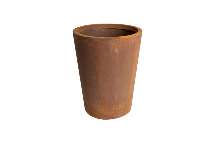 Single tapered Corten Steel round planter, against white background, showing orange-brown rusted weathering. Nationwide delivery.