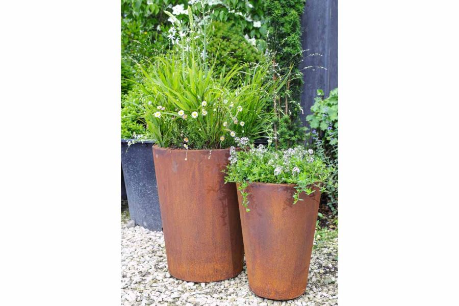 2 Corten steel tapered cylinder planters, 300x400mm and 400x500mm, sit on gravel, planted up by Form Plants. Nationwide delivery.