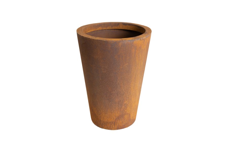 Tapered cylinder in Corten steel, showing orange-brown rusting on 2mm thick metal and turned lip at top. Available in 3 sizes.