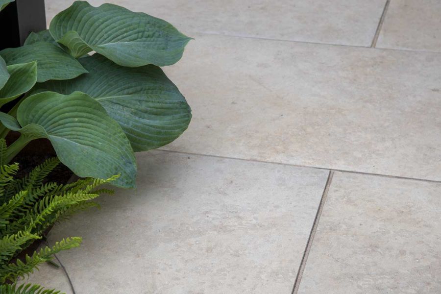 Close up shot of Jura Beige Porcelain slabs adjoined with a small flower bed with ferns and hostas spilling over the paving.
