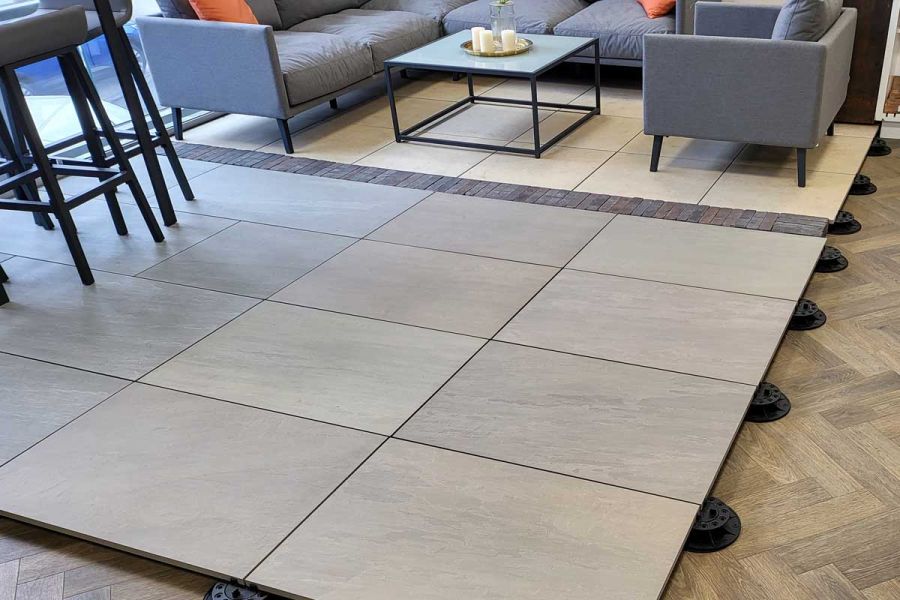 Raj Green Porcelain Paving Slabs offer a natural appearance with 32 different prints and no obvious repeat. Garden Tiles UK with free delivery.