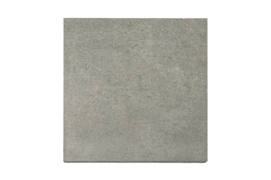 Steel Grey porcelain 600x600 paving slab with dappled surface texture and some horizontal cross veining.