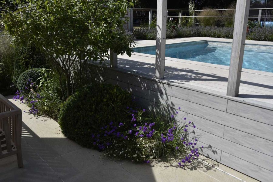 Raised swimming pool surrounded by light grey composite decking with plants growing up the side.