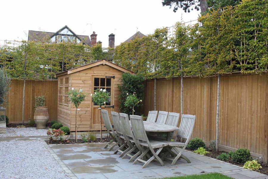 Garden shed with windows in corner of fenced garden with standard roses in narrow bed heading Graphite Grey limestone patio.