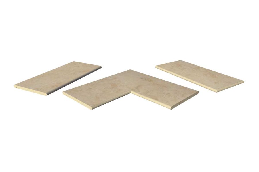 Jura Beige 20mm bullnose coping collection, showing one each of straight, end and corner pieces, with 10-year guarantee.
