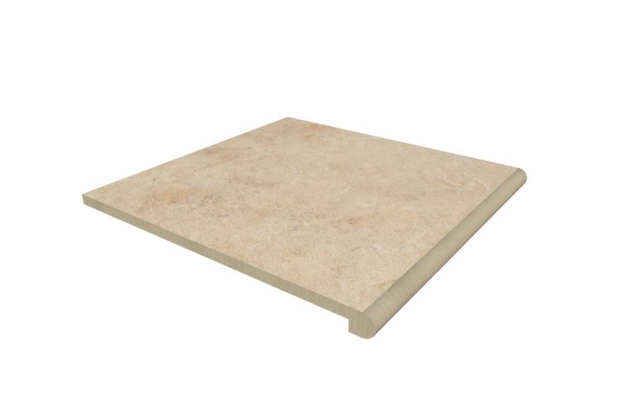 Single 600x600mm Jura Beige porcelain limestone step tread with bullnose edge profile and drip groove. Free UK delivery available.