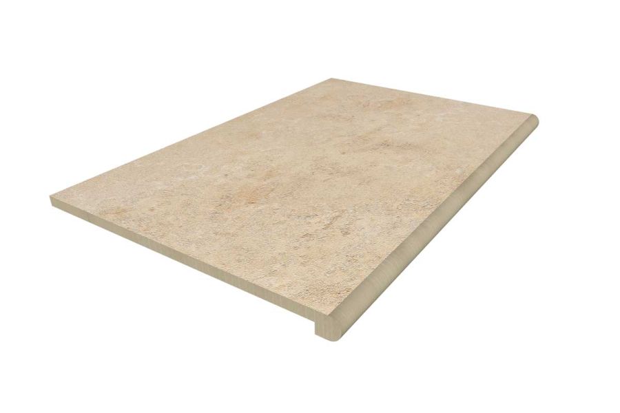 Single 900x600mm Jura Beige porcelain limestone step tread with bullnose edge profile and drip groove. Free UK delivery available.