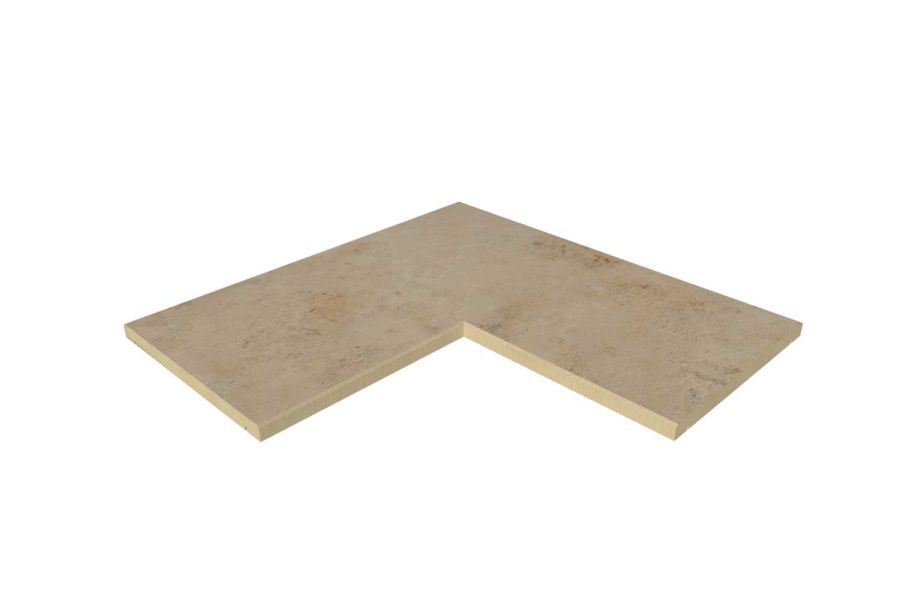 Jura Beige 5mm chamfer corner coping stone, part of our budget porcelain paving range, available with free next-day delivery.