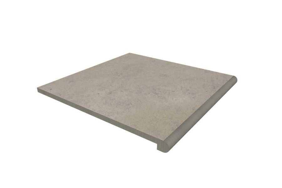Render of a 600x600mm Jura Grey limestone porcelain step with bullnose edge profile and drip groove. Free UK delivery available.