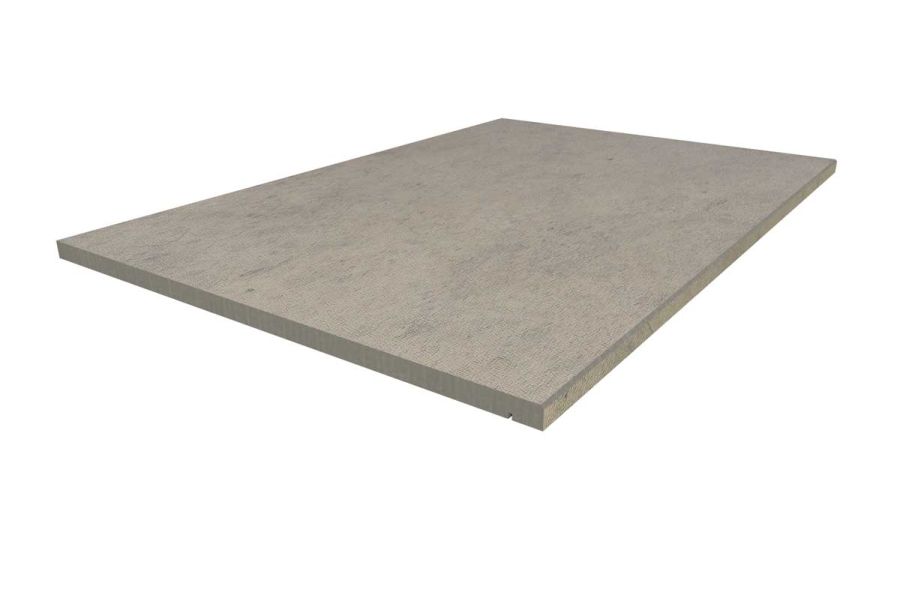 Jura Grey 900x600mm porcelain step, with drip-line and 5mm pencil round edge profile applied in-house. Free UK delivery available.