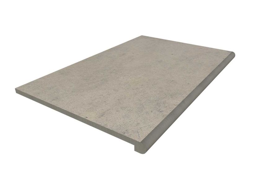Render of a 900x600mm Jura Grey limestone porcelain step with bullnose edge profile and drip groove. Free UK delivery available.