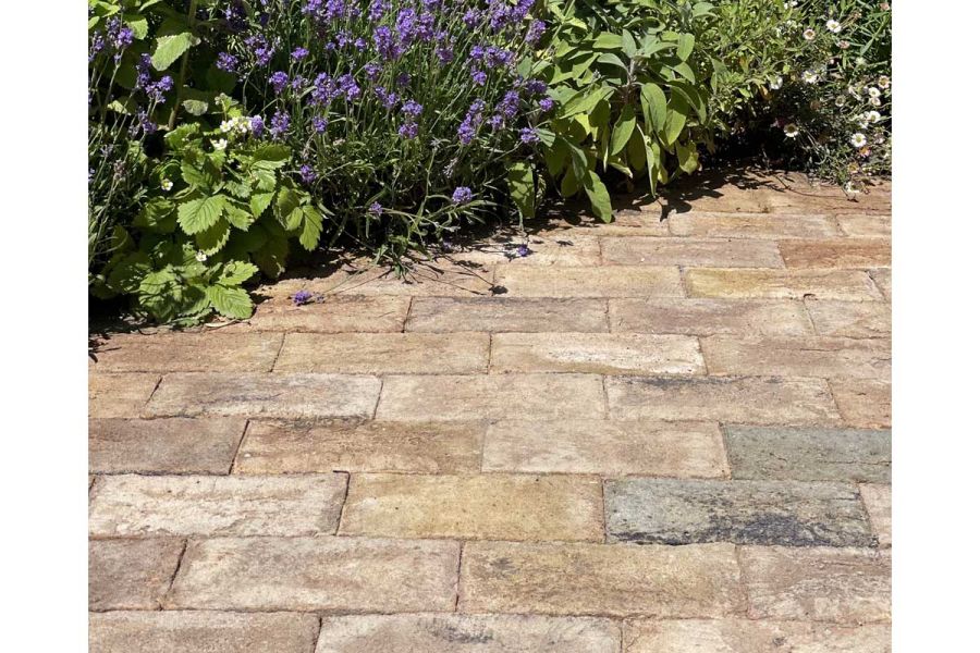 London mixture clay pavers laid running bond with sanded joints, edged by herbs and flowers in RHS show garden by Alan Williams.