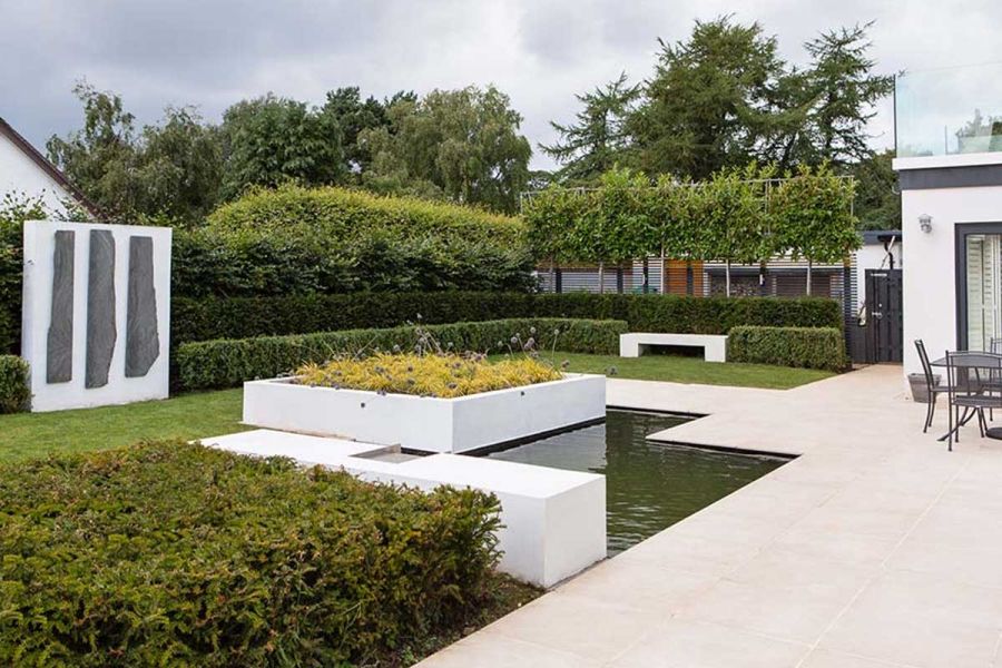 Contemporary garden with a Slab Khaki porcelain patio looking over water feature and garden with hedges and pleached trees.