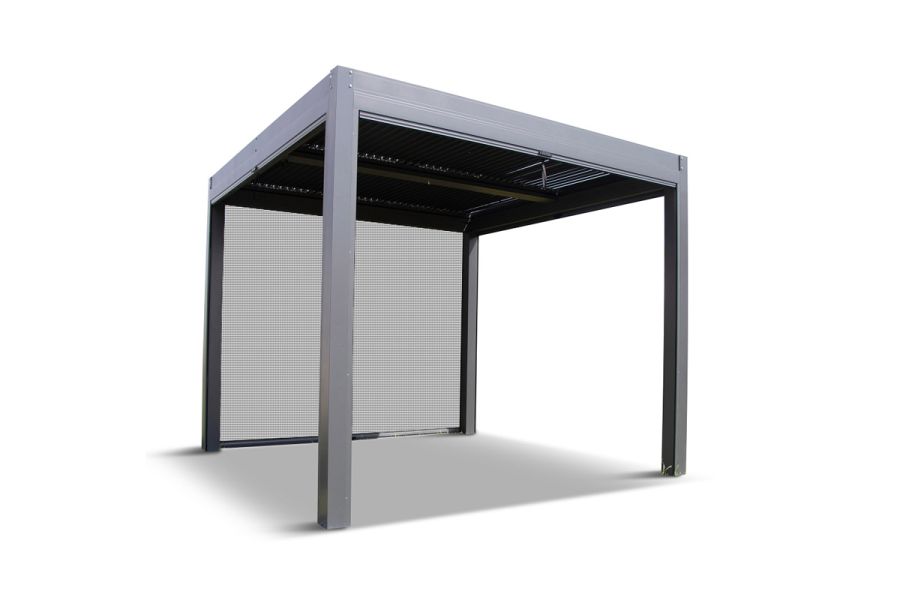 LeisureGrow Dark Grey Metal Pergola with roof against white background, one side-blind lowered and louvres closed.