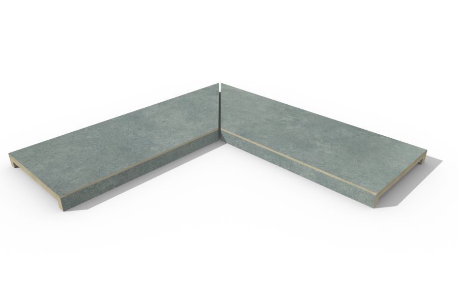 Polvere corner coping stones, left and right hand pieces fitted together at mitred edges, with 40mm downstand made in-house.