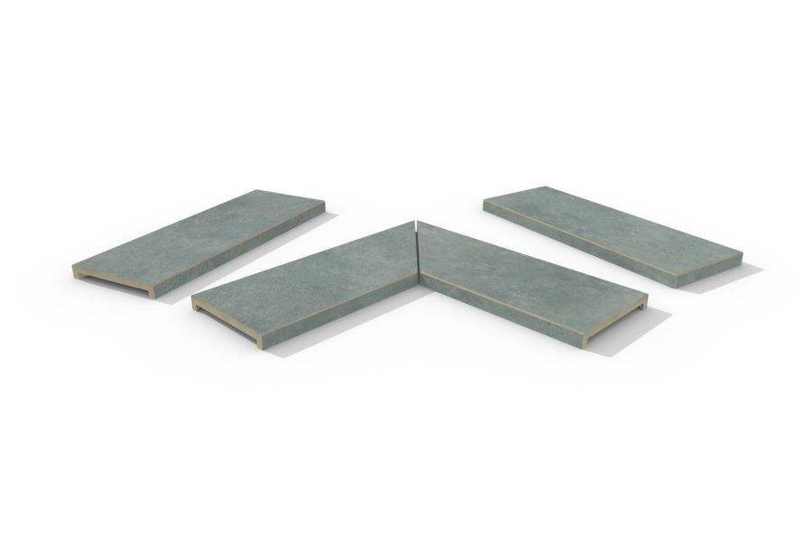 Polvere porcelain 40mm downstand flat coping stones in straight, end and left- and right-mitred corner pieces.