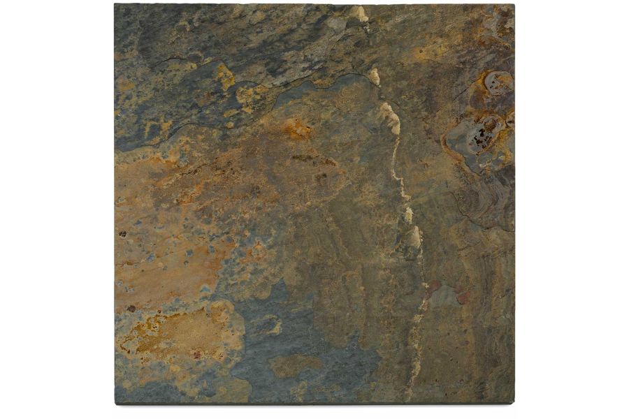 Close up of one slab of rustic slate paving shows off its natural variations, texture black and copper tones.