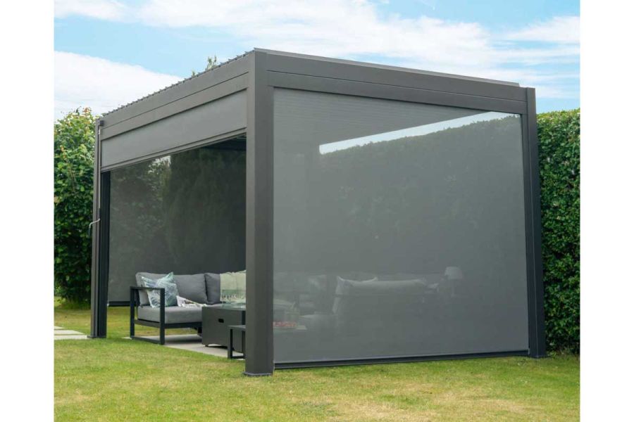 Proteus Grey 3x4 Aluminium Pergola stands on lawn with one side down, showing it's privacy and protection. 