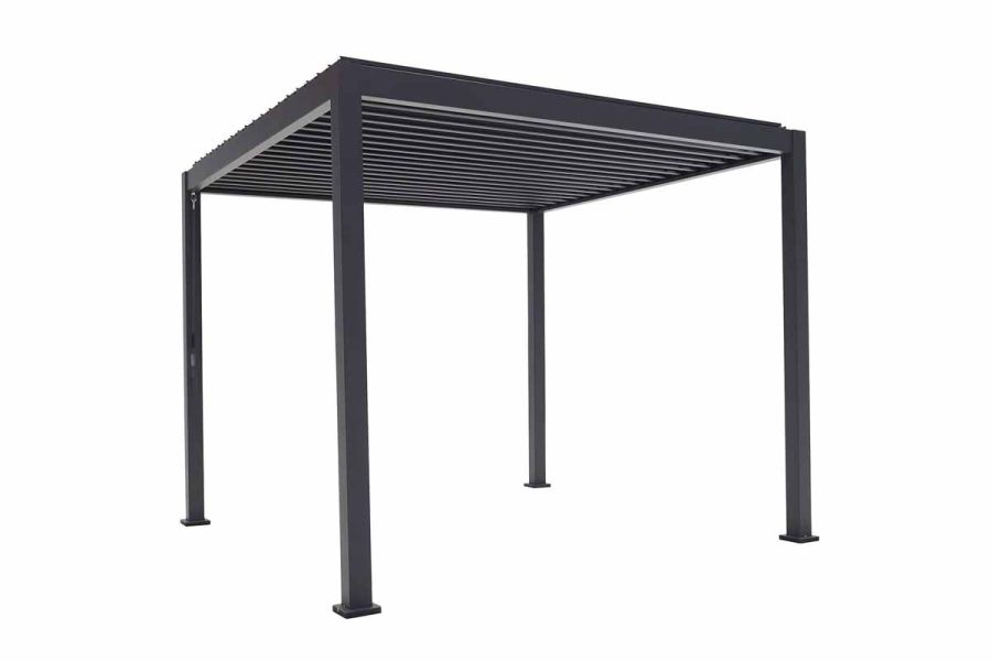 Proteus Grey Aluminium Pergola against white background. Showing legs with footplates, crank handle dangling, and roof louvres. 