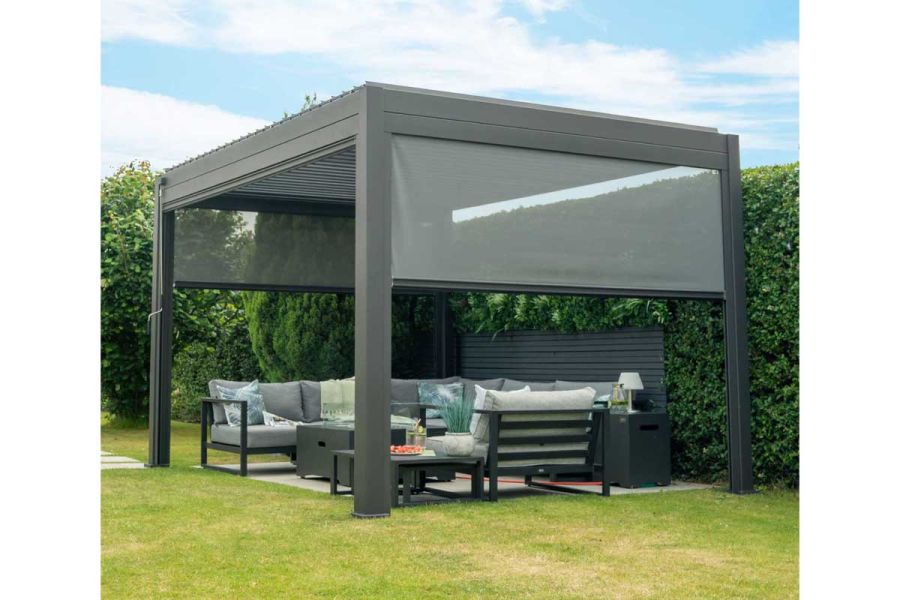 Admiring the Proteus Grey 3x4 Aluminium Pergola with Optional Sides, a versatile addition offering shelter and style for any outdoor gathering.