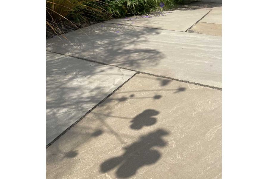 Close view of plant shadows dancing on Raj Green Indian sandstone paving slabs, with dark pointing, laid by JG Landscaping.