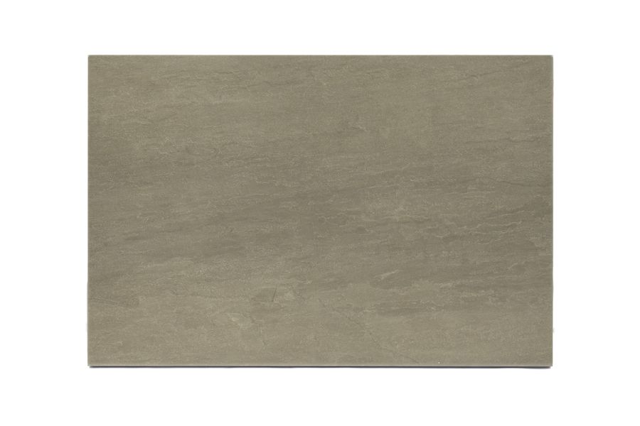 Single 600x300mm Raj Green porcelain coping stone 20mm bullnose edge profile, seen from above, showing dark markings and colour tone. 