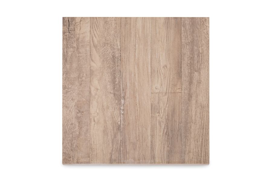 Looking down onto a wood effect square porcelain tile at the imitation wood grain effect of the material.