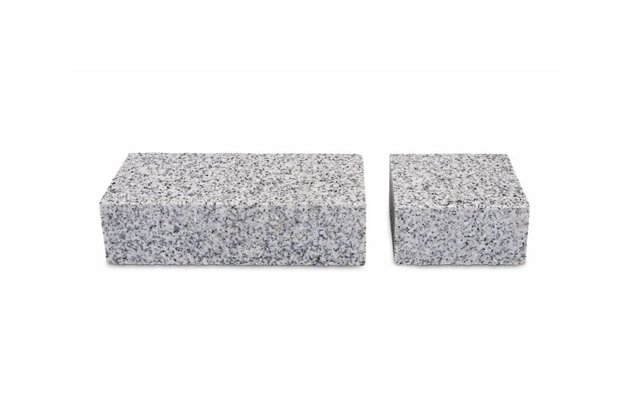 2 sizes of sawn Silver Grey Granite setts against white background to show colour and relative size. Free UK delivery available.
