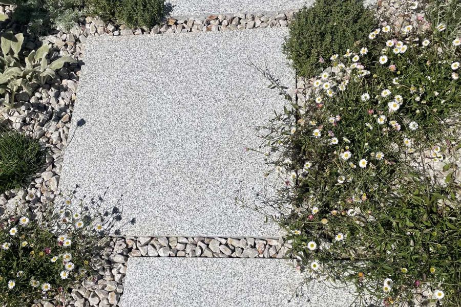 Sawn silver grey granite paving slab set in pale gravel planted with erigeron and thyme. Path built by Frogheath Landscapes.