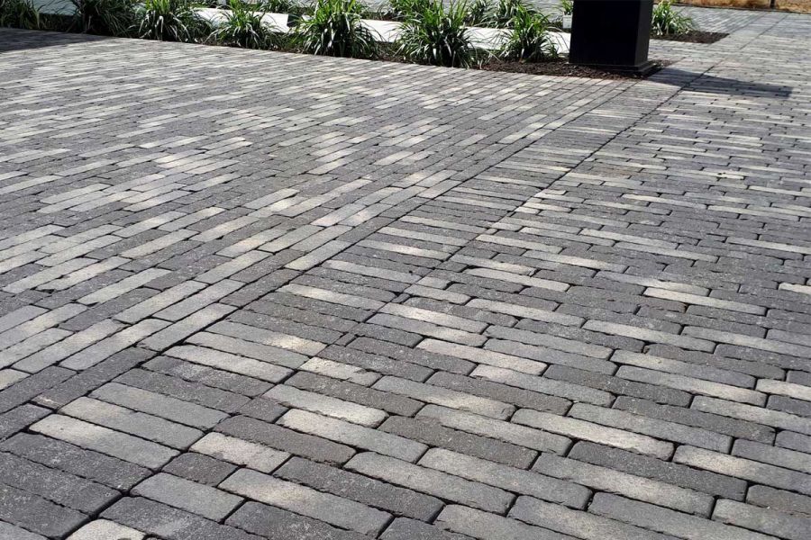 Low oblique view of large area of Silver Grey Multi clay pavers, showing grey and white tones, with narrow planted bed behind.