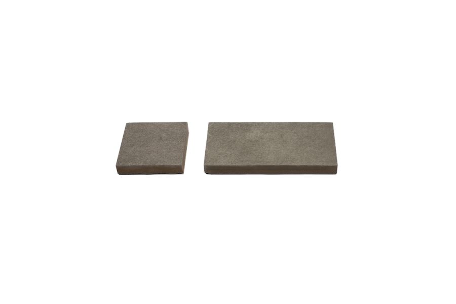 2 Steel Grey Porcelain Setts, comparing size and shape of these porcelain patio tiles. Available with free UK next-day delivery