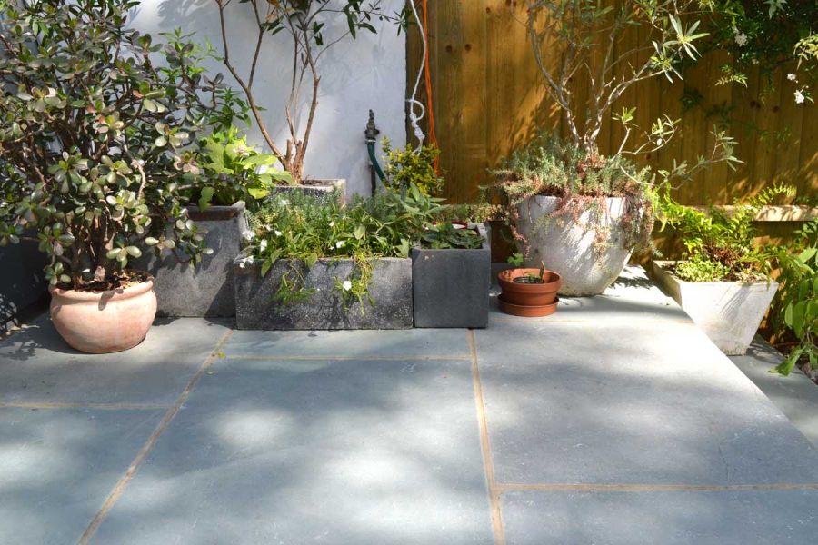 Planted pots of different shapes and sizes in a row at rear of area of Kota Blue limestone paving, with step down to left.