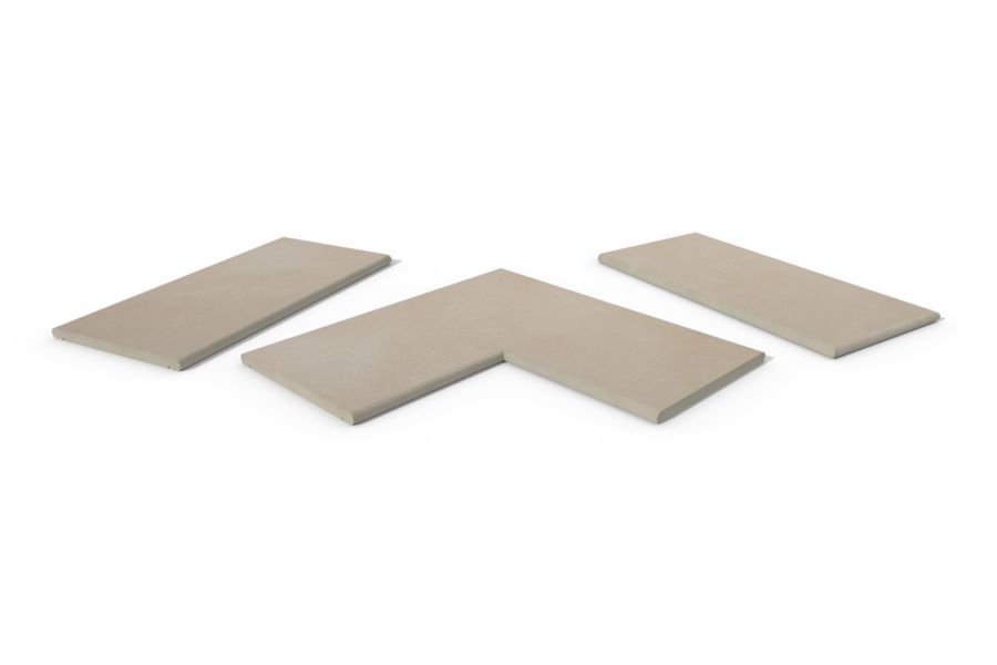Venetian Beige 20mm bullnose coping collection, showing one each of straight, end and corner pieces, with 10-year guarantee.