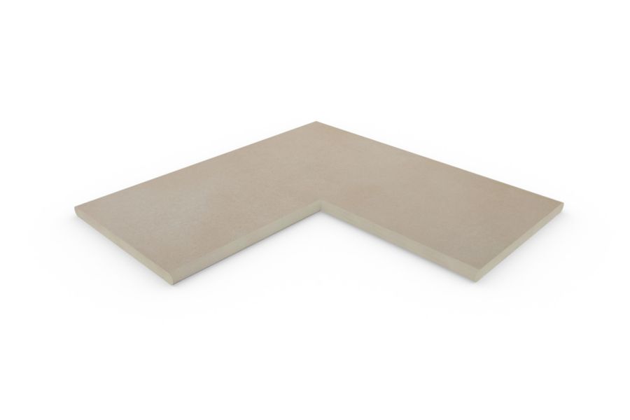 Venetian Beige corner coping, made of a single piece of porcelain, with 20mm bullnose edge profile applied in-house.