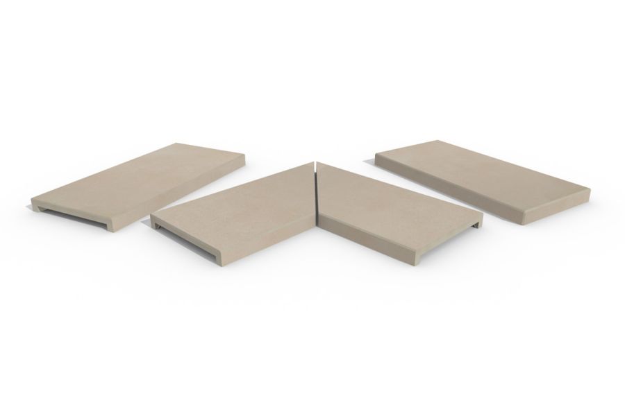 Venetian Beige 40mm downstand porcelain coping stones in straight, end and left- and right-mitred corner pieces.