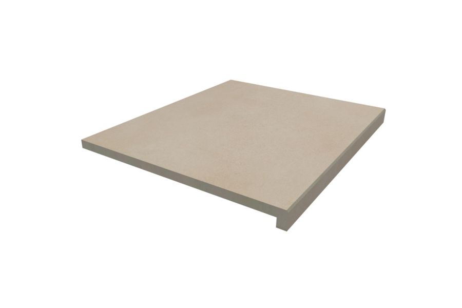 Venetian Beige porcelain step tread with 40mm downstand, manufactured in-house, measuring 600x500mm, against white background.