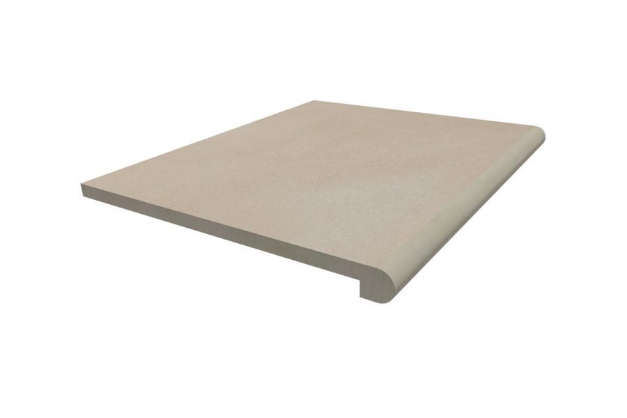 Single Venetian Beige porcelain 40mm bullnose step tread, made by London Stone, measuring 600x500mm, with 10-year guarantee.