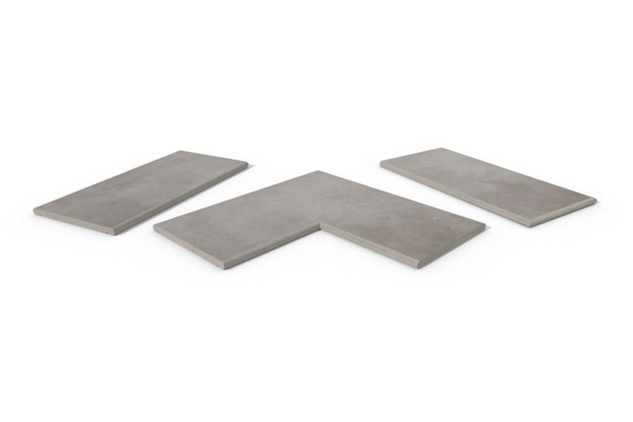 Venetian Grey 20mm bullnose coping collection, showing one each of straight, end and corner pieces, with 10-year guarantee.