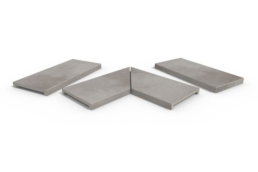 Venetian Grey 40mm downstand porcelain coping stones in straight, end and left- and right-mitred corner pieces.