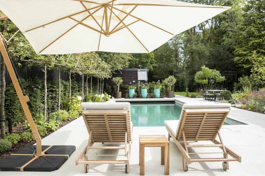 Swimming pool with Yard Large Format Porcelain tile surround. Tall turquoise planters and potted olive trees at its far end.