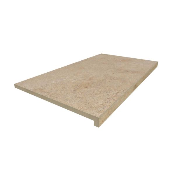 900x500 Jura Beige 40mm downstand step tread, part of our premium porcelain paving range, with free next-day delivery available.***Image Displaying 900x500 Jura Beige Step with a 40mm Downstand Edge