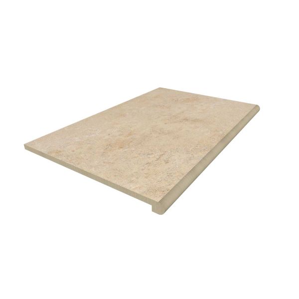 Single 900x600mm Jura Beige porcelain limestone step tread with bullnose edge profile and drip groove. Free UK delivery available.***Image Displaying 900x560 Jura Beige Step with a 36mm Bullnose Edge