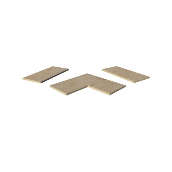 Jura Beige porcelain coping stones, in straight , end and corner pieces, with a 5mm chamfered edge profile.***Image Displaying Jura Beige Chamfer Coping Collection