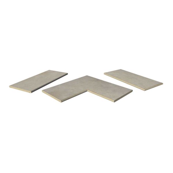 Jura Grey 20mm bullnose coping collection, showing one each of straight, end and corner pieces, with 10-year guarantee.***Image Displaying Jura Grey 20mm Bullnose Coping Collection