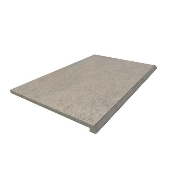 Render of a 900x600mm Jura Grey limestone porcelain step with bullnose edge profile and drip groove. Free UK delivery available.***Image Displaying 900x560 Jura Grey Step with a 36mm Bullnose Edge
